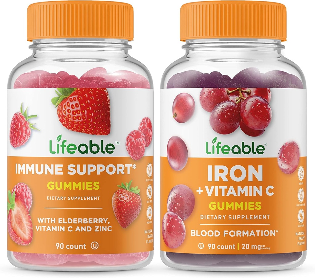 Življenjska Imunska podpora + železo z vitaminom C, Gummies Bundle - odličen okus, vitaminski dodatek, Gluten brezplačno, GSO brezplačno, žvečljivo
