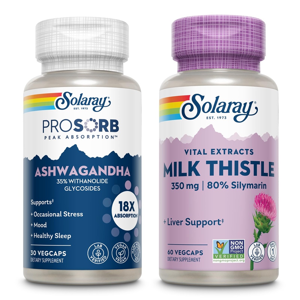 SOLARAY Ashwagandha in Milk Thistle dodatek Bundele, 18X Absorpcija Ashwagandha Kapsule za Mood podporo Plus mleko Thistle ekstrakt, Vegan, 60-dnevni garancije, 30ct/60ct