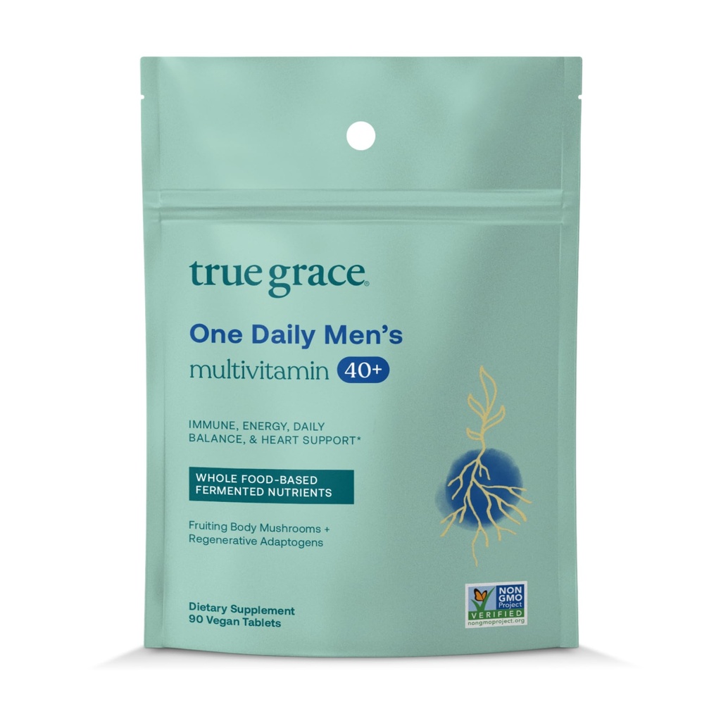 True Grace Men's 40+ En dnevni multivitaminski fermentirani minerali, organski adaptogeni in gobe celotno telesno ravnovesje Imunska, vzdržljivost, podpora kosti in srca - Non-GMO - 90 vegetarijanske tablete