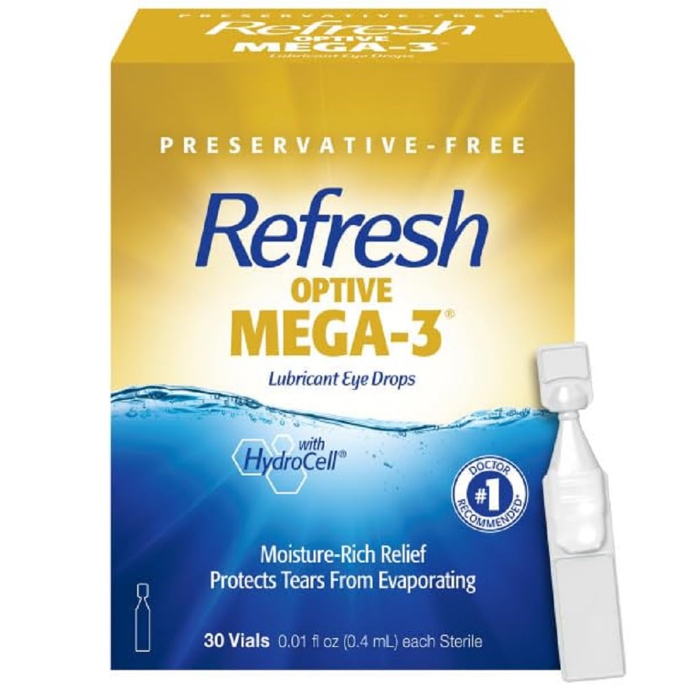Osveži Optive MEGA-3 Lubrikantne kapljice za oči Konzervativno proste umetne solze, 0,01 fl oz (0,4 ml), 30 vsebnikov za enkratno uporabo