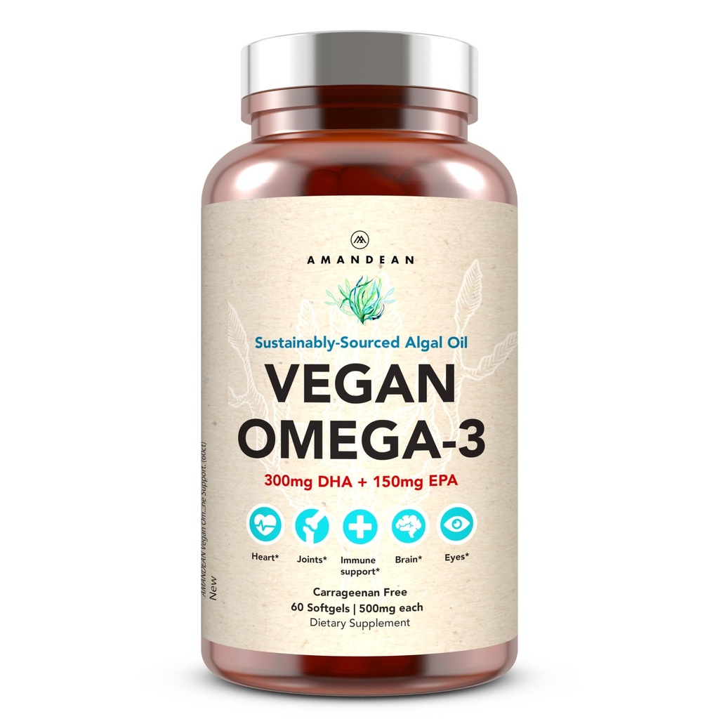 AMANDEAN Vegan Omega 3 Dodatek. Premium Fish Oil Alternative. Algae DHA & EPA. Carragenan Free Softgels. Algal Essential Maščobne kisline. Rastlinsko srce, možgani, oči, koža, imunski sistem (60ct)