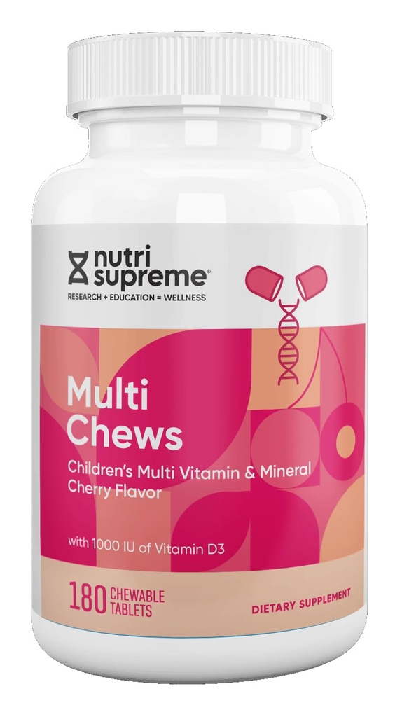 Okusni otroci Multivitaminski, 180 vegetarijanski žveči – kompletni otroški dodatek z esencialnimi vitamini in minerali - vitamin A, B, C, D3, kalcij, železo, folna kislina, cink – češnjeva aroma