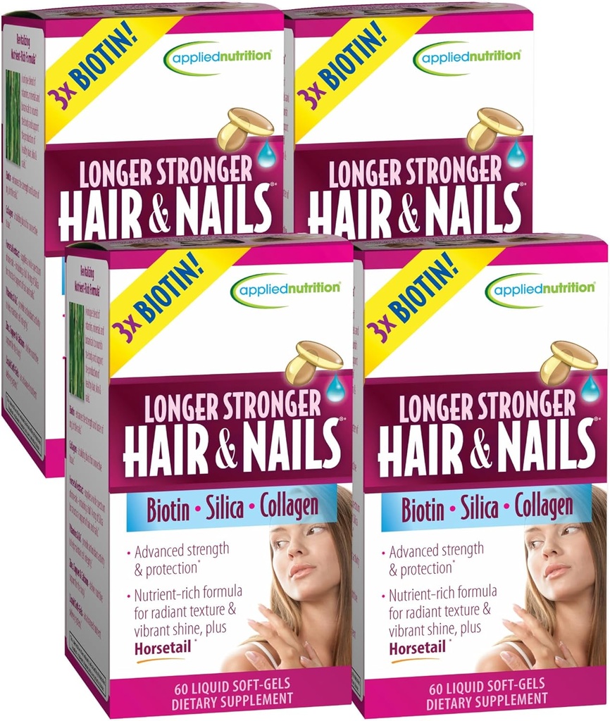 Uporabna prehrana Daljši lasje in nohti - 60 Tekoči soft-Gels, paket 4 - Biotin, Silica & Collagen - 120 Servings