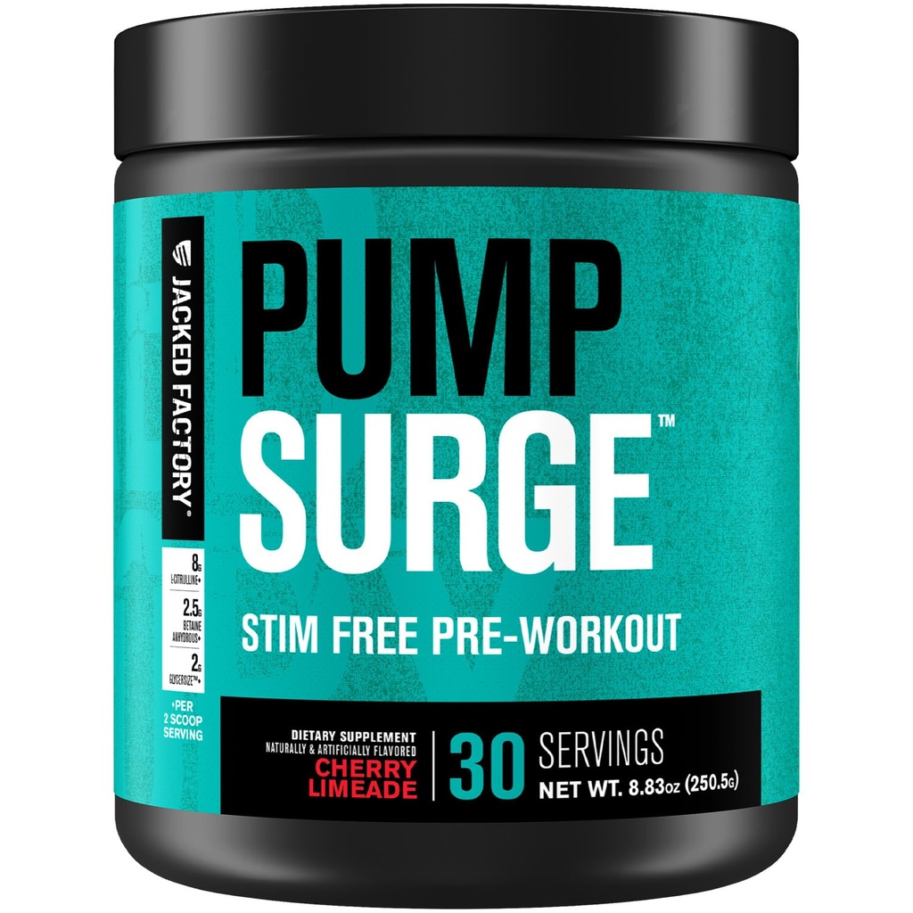 Jacked Factory Pumpsurge Caffeine Free Pred treningom za moške in ženske - Nootropic Booster & Stim Free Pre Workout - Intenzivno črpalke, okrepljeno fokus - 30 Serving, Cherry Limeade