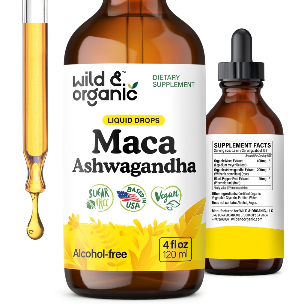 Wild & Organic Maca Root Ashwagandha Kapljice za moške in ženske - Tekoča Maca Ashwagandha dodatek za splošno podporo - Perujski ekstrakt Tinktura - Vegan, sladkor in alkohol brez - 4 fl oz