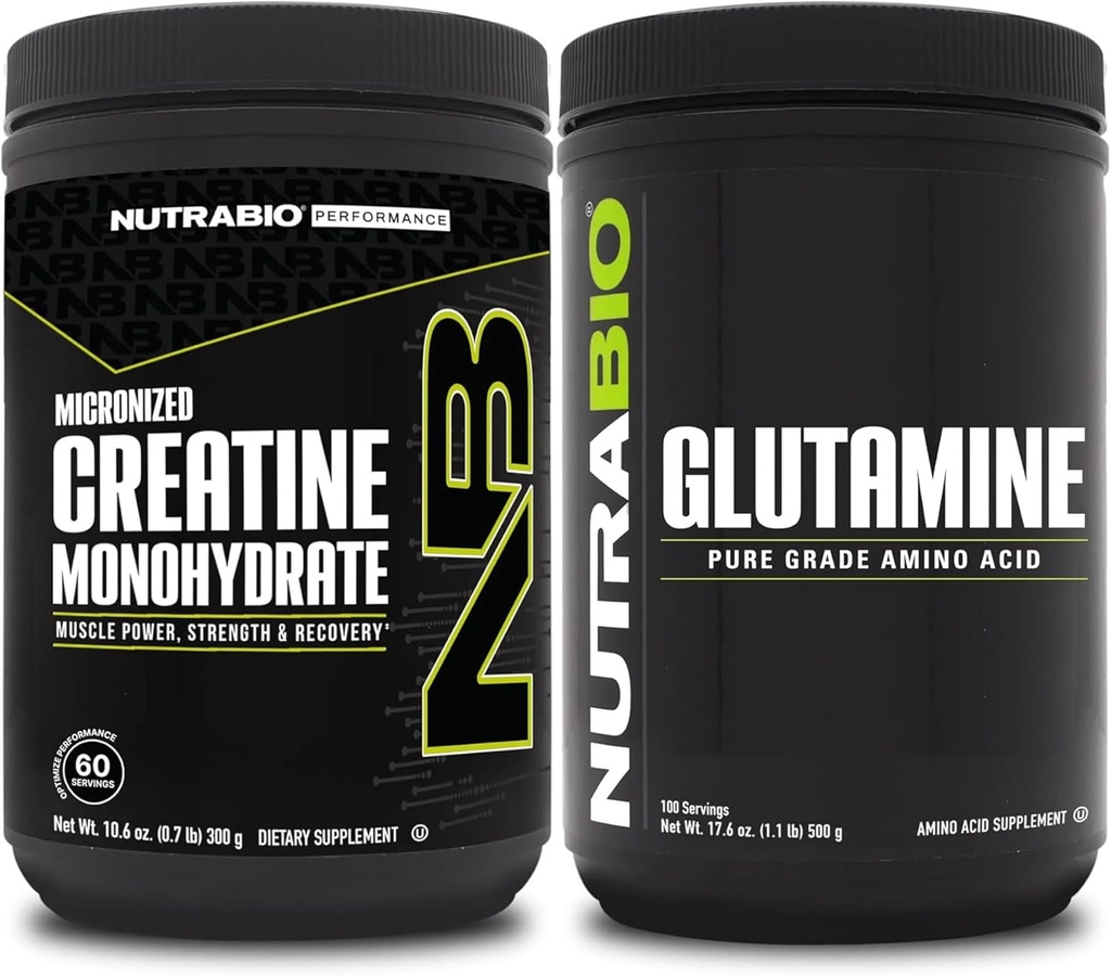 NutraBio Kreatin Monohidrat dopolnilo, nearomatizirana, (300g) in L-glutamin prašek, (500g) – Vadbeni dodatek paketi podpira mišično energijo, regeneracijo in moč