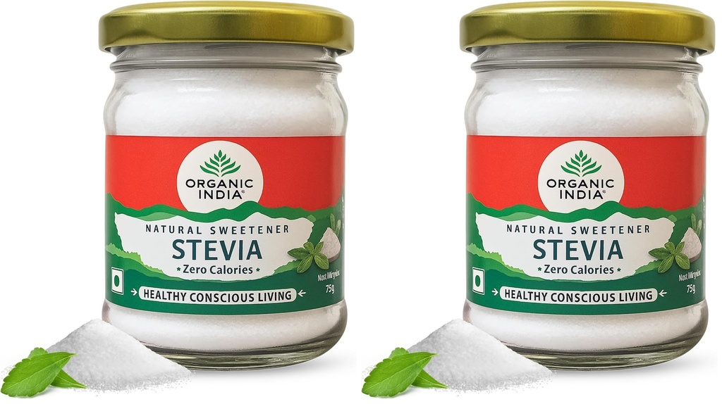 A TATA Product – Organic India Stevia Powder – 75g | Plant-Based Natural Sweetener | Zero Calories | Sugar-Free | Low Glycemic Index (Pack of 2)