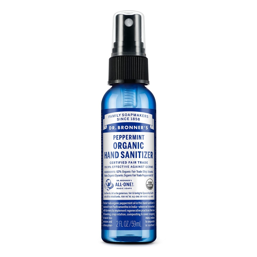 Dr. Bronner's - Organski Sanitizator Spray (Peppermint, 2 unča) - Enostavna in učinkovita Formula, Čistila & Sanitizes, Brez Harsh Kemikalije, Vlaži in čisti roke