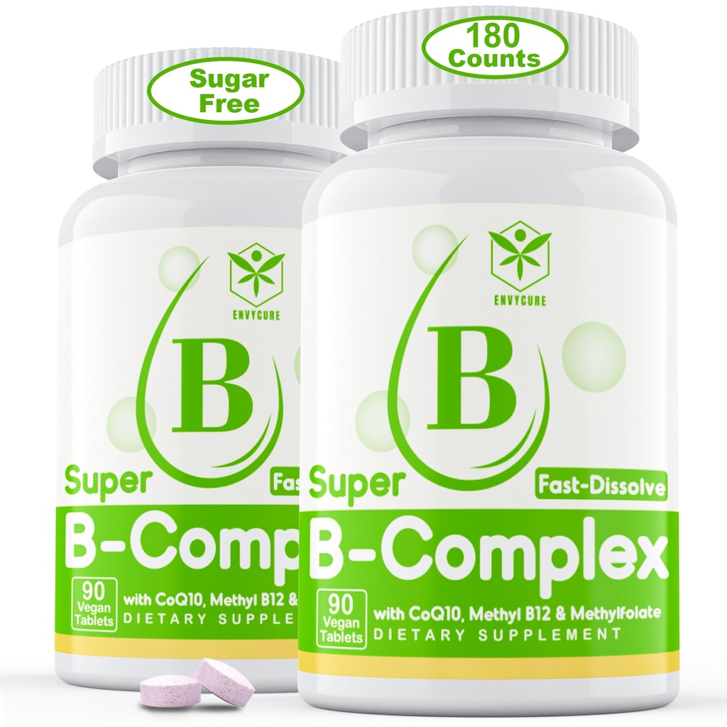 Brez sladkorja Vitamin B Kompleks z metil B12, metilFolate, B6, B1, B2, B3, hitro Raztapljanje Zelo biološko razpoložljiv Metilirani B Kompleksni dodatek za energijske ravni, nevronski sistem, Vegan, 180 Tablete