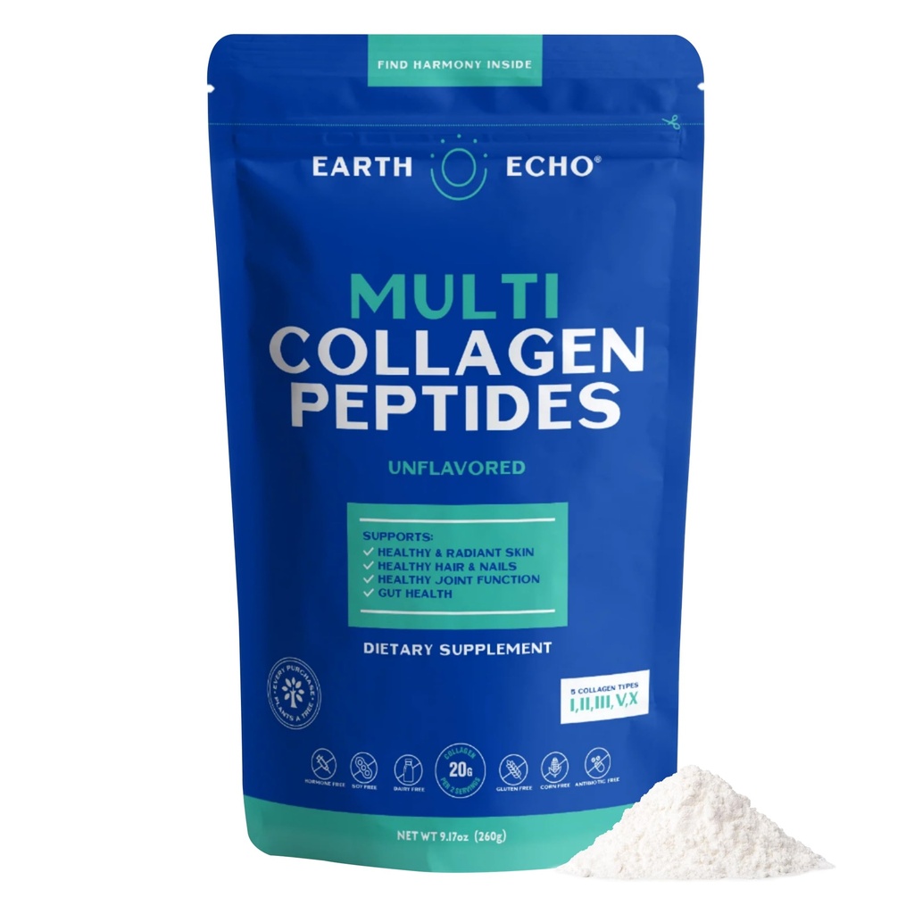Earth Echo Multi Collagen Peptides, hidroliziran kolagen z vitaminom C in hialuronsko kislino, podpira radikalno kožo, zdrave sklepe, Gut zdravje in imunske funkcije, Dairy-free, 26 Servings