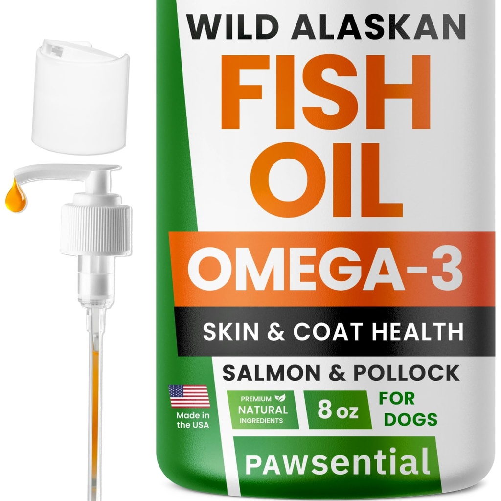 Omega 3 Ribje olje za pse in mačke - izdelano z divjim aljaškim lososovim oljem; Liquid Fish Oil dodatek za hišne ljubljenčke z Omega 3 EPA+DHA Maščobne kisline; prave sestavine, pravi okus — zaupa Vets!