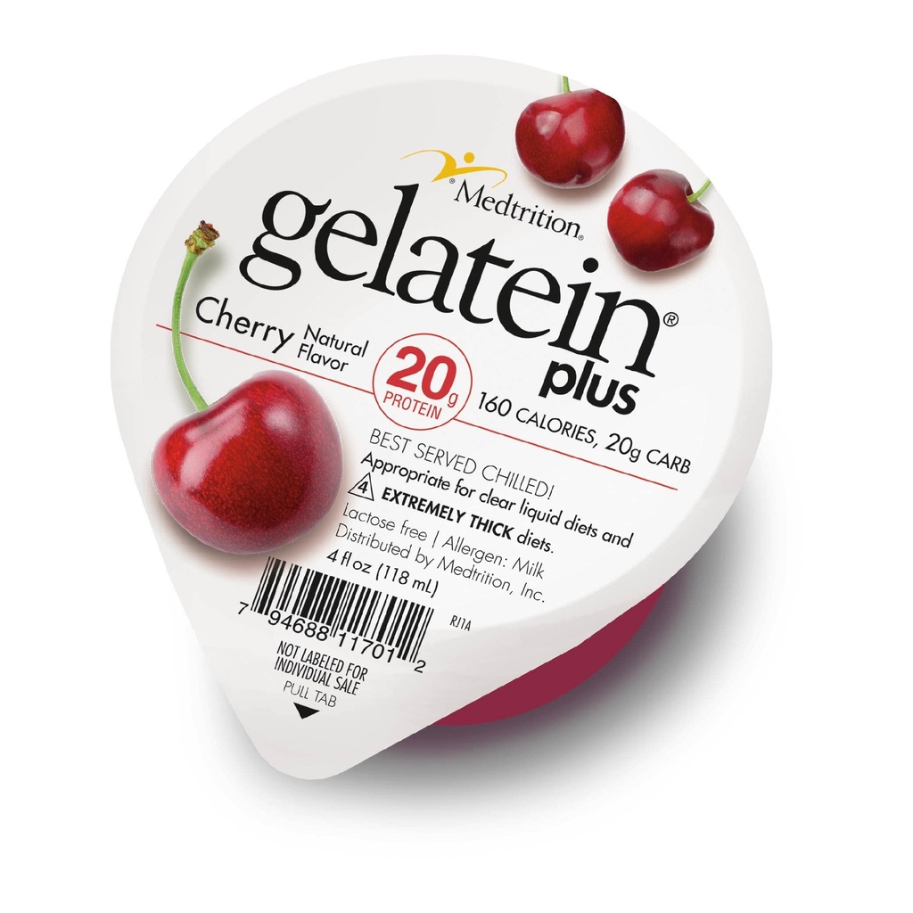 Gelatein Plus Cherry: 20 gramov beljakovin. Idealno za bistro tekočo prehrano, težave s požiranjem, dializo in onkologijo. Odličen prigrizek. (12 pakiranj)