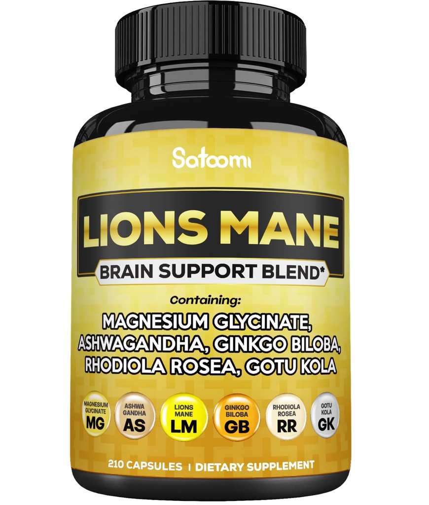 Lions Mane Dodatne kapsule z magnezijem z Ashwagandha Root, Ginkgo Biloba, Rhodiola Rosea in Gotu Kola - 210 Veganske kapsule - podpora zdravje možganov, Pozitivna Mood in proizvodnja energije