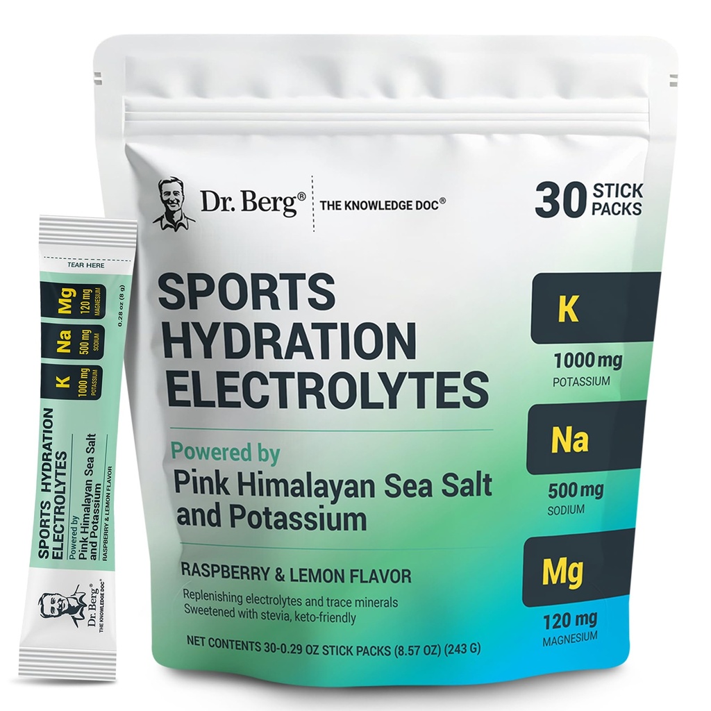 Dr. Berg Sports Hydration Elektrolites Powder w/Več Sol (Pink Himalajan) - 30 Keto Electrolytes Powder Packets w/a Slana malina & Lemon Flavor - Vključuje 1000mg kalija