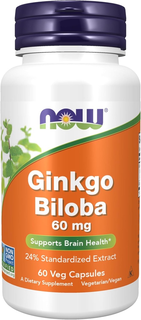 NOW Foods Supplements, Ginkgo Biloba 60 mg, 24% standardizirani ekstrakt, ne-GMO projekt preverjen, 60 Veg kapsule