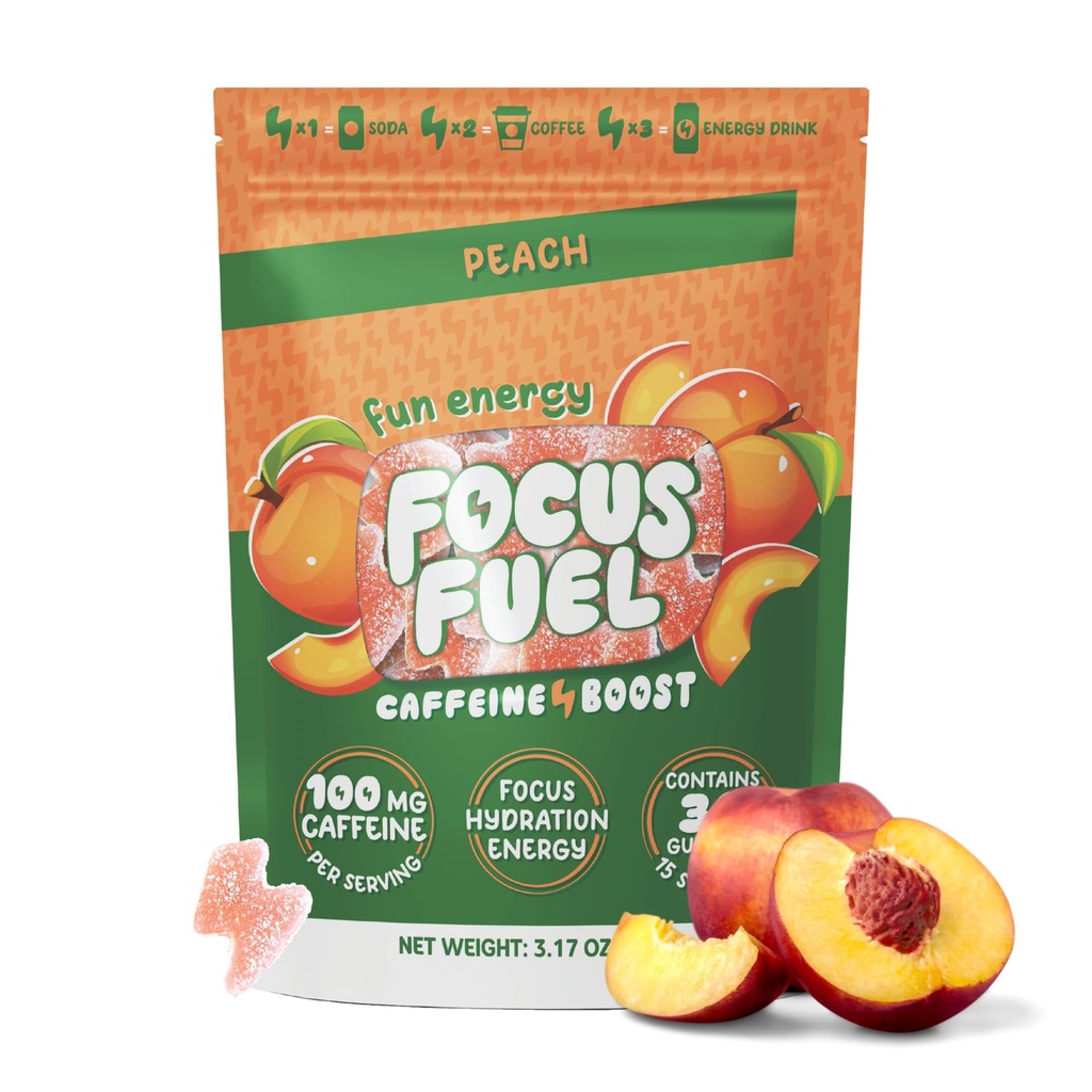 FocusFuel Energy Chews – Peach Flavor (15 Servings) – 100mg Kofein + Alpha GPC+ L-teanin + B12, Magnezij – Gladko ostrenje in energija – Brez Crash ali Jitters