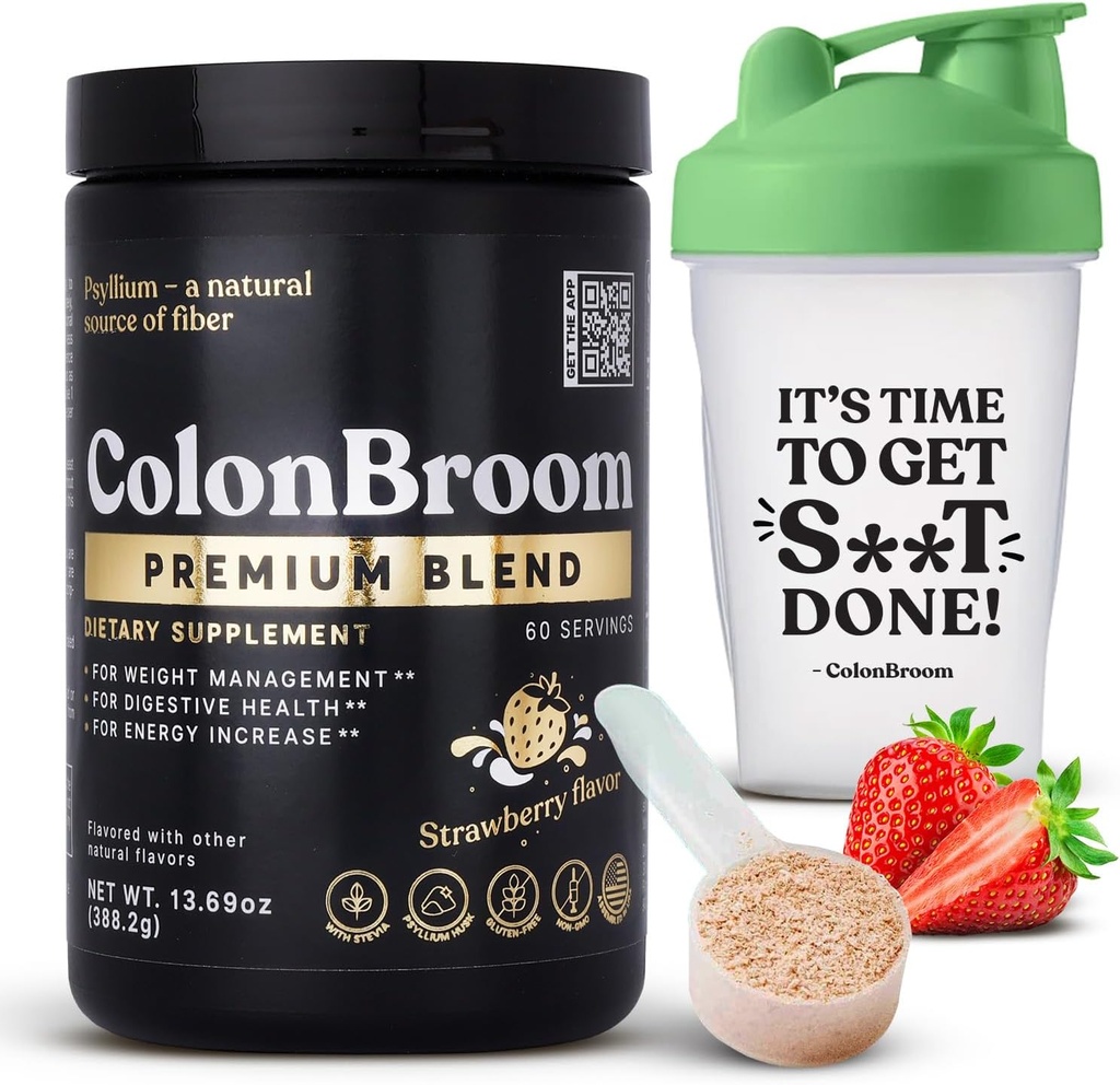 ColonBroom Premium Psyllium Husk Powder (Strawberry, 60 Servings) + Shaker Steklenica za Colon Broom Fiber Powder Drink Bundle - Čiščenje Colon za Bloating Relief & Gut Zdravje - Fiber Powder dodatek