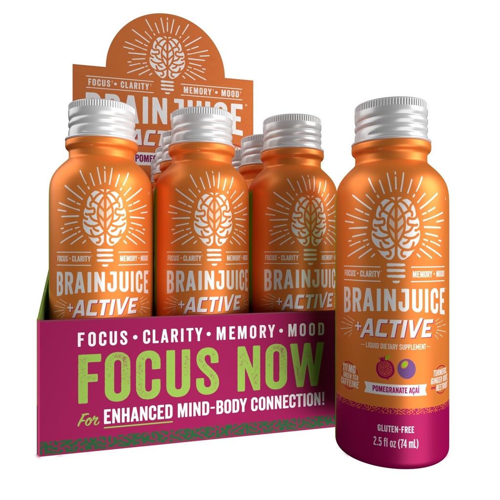 BrainJuice Active Focus & Energy Drink Shots, Podpira vzdržljivost, Recovery & Clarity, Non-GMO, Gluten Free, Nootropics, Alpha GPC, B Vitamini in organski zeleni čaj, Granatni Acai, 2,5 fl oz, 12 Pack