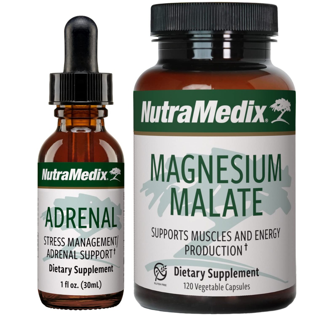 NutraMedix Energy Support Bundle - Vključuje adrenalne energetske podpore Tekočih kapljic in magnezijevega malata Kapsule za energijo in atletsko podporo - Brez kofeina - 2-piece dodatek Set