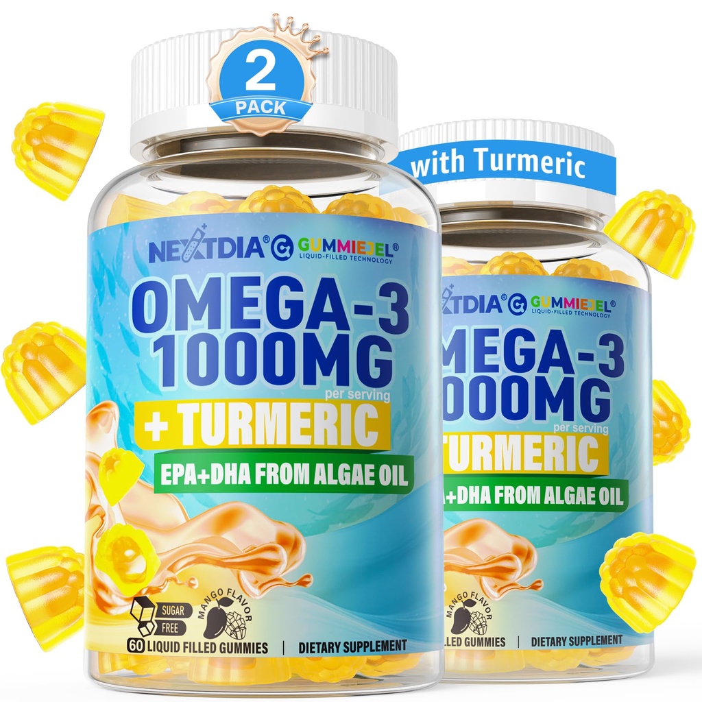 Vegan Omega-3 Gumies 1000mg + Kurkuma - Omega 3 ribje olje alternativa za odrasle - Algae DHA 600mg & EPA 300mg, vitamini A, C, E, cink & MSM, sladkor brez, 120 Cts