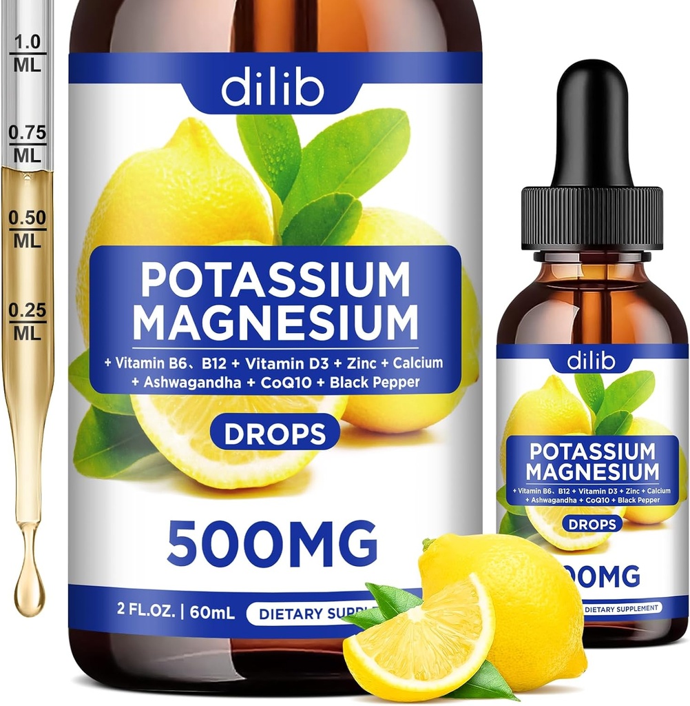 Kalijev magnezijev citrat dodatek, Tekoči magnezijev citrat kapljice 500mg z Ashwagandha, kalcij, cink, vitamin D3, B6, B12, CoQ10 - Vegan 2 fl oz limonska aroma