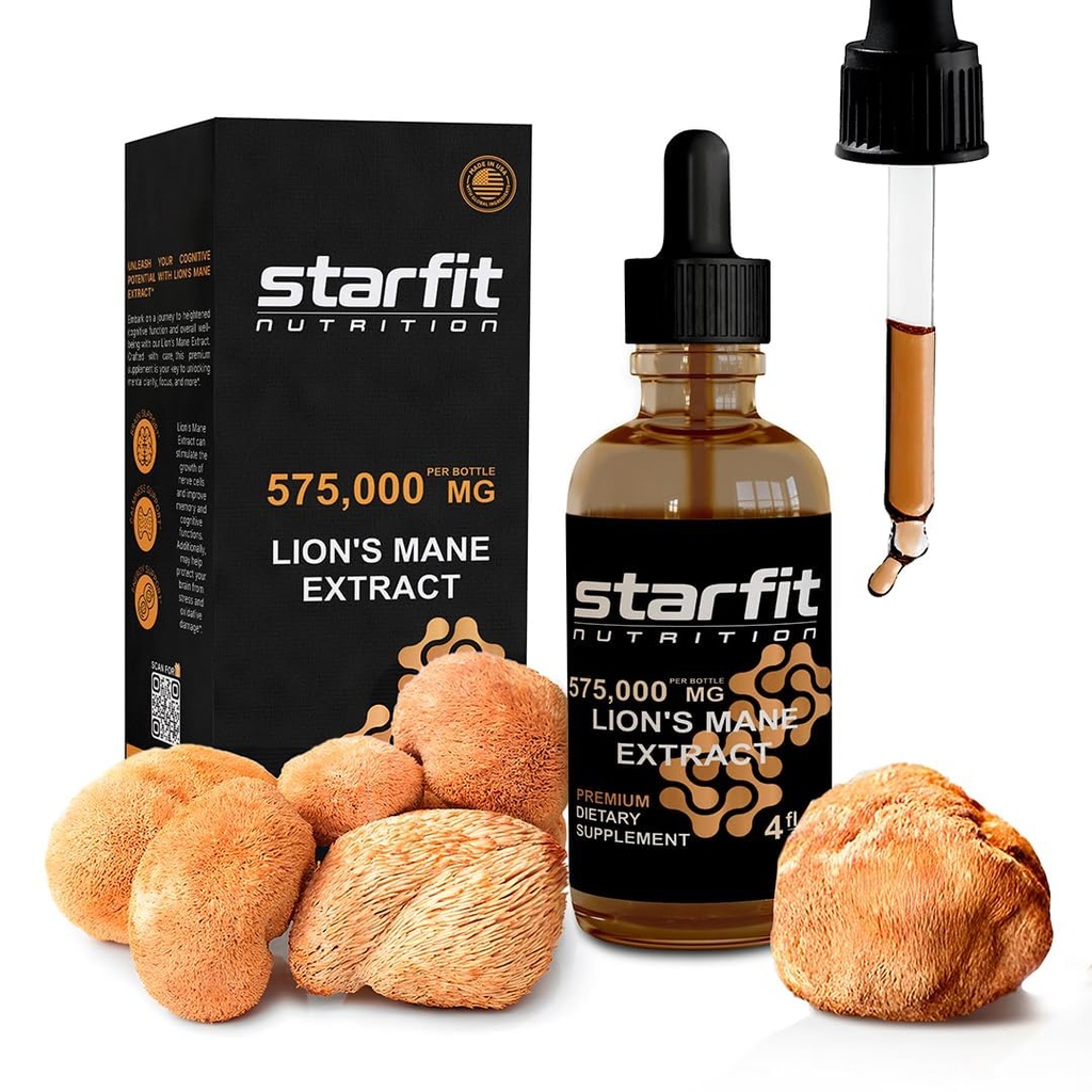 STARFIT Lion's Mane Gobe Extract, 575.000 mg, Tekoči dodatek za podporo imunskega sistema, spomin in prebavnega zdravja, 4 fl oz