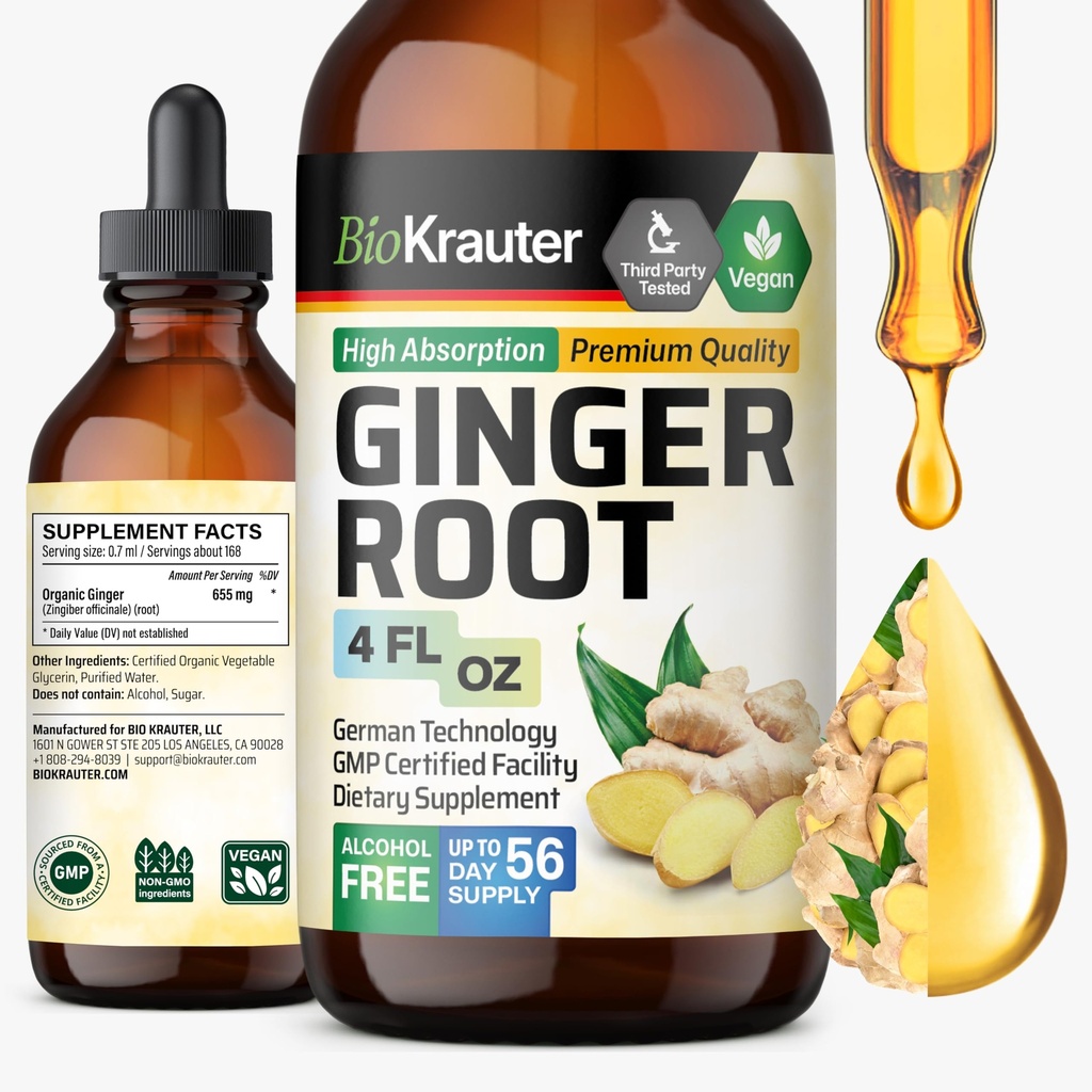 BIO KRAUTER ingver koren ekstrakt - naravni ingver dodatki za splošno Wellness - alkohol in sladkor brez - Veganske kapljice 4 Fl.Oz.