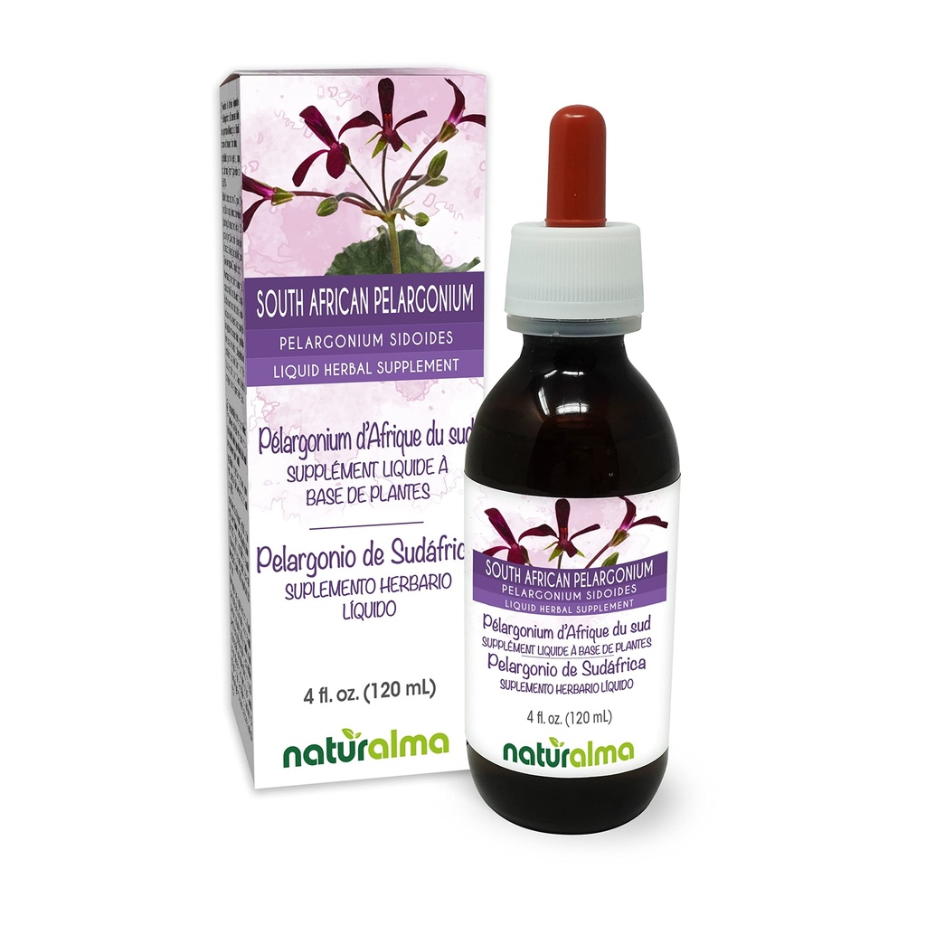Naturalma južnoafriški Pelargonium ali Umckaloaba (Pelargonium sidoides) Root Alkohol-free Tinktura - 4 fl oz Tekoči ekstrakt v kapljice - Zeliščni dodatek - Vegan