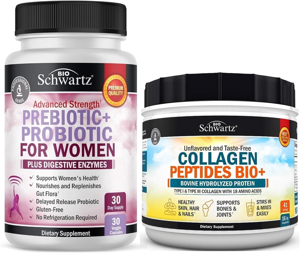 BioSchwartz hidrolizirani kolagen peptidi v prahu (40+ serviranja) Plus prebiotiki in probiotiki s prebavnimi encimi za ženske (1 mesec dobave)