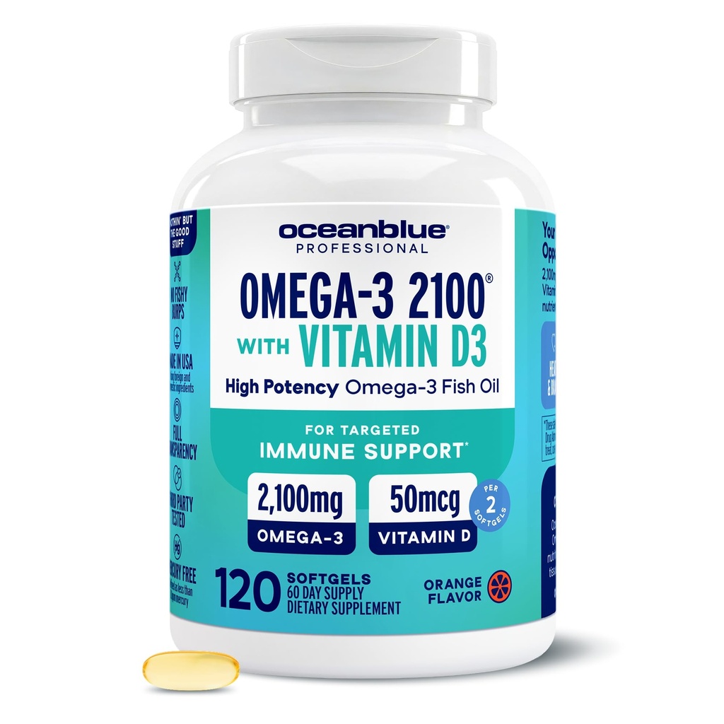 Oceanblue Professional Omega-3 2100 z vitaminom D3 – 120 ct – Trojna moč Burpless ribje olje dodatek z visoko potenco EPA, DHA, DPA in vitamin D3 – Wild-Caught – Orange Flavor (60 strežbe)