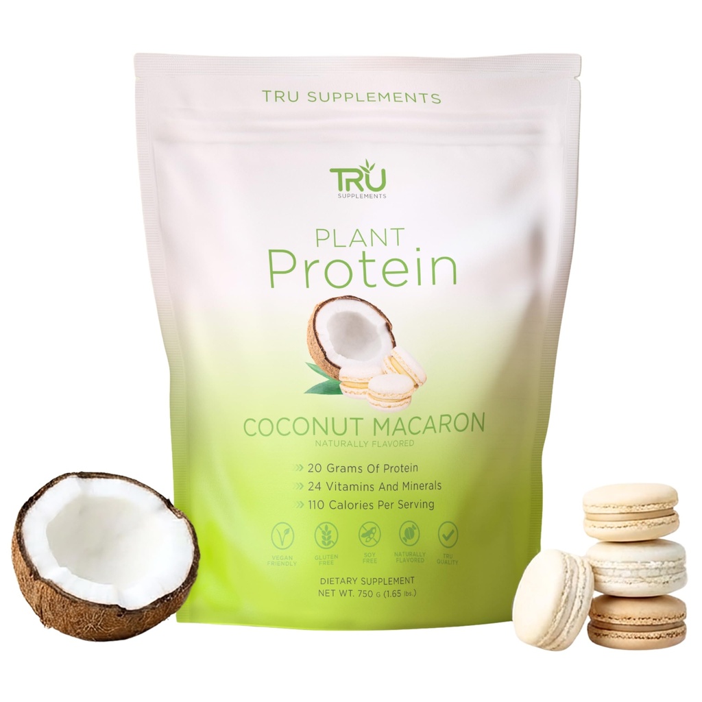 Dodatki TRU Proteini na osnovi rastlin, BCAA, EAA, 20g Veganov Rjavi riž in Pea Proteini, 100 kalorij, 27 vitaminov, brez umetnih arom 25 serviranja (Coconut Macaron)