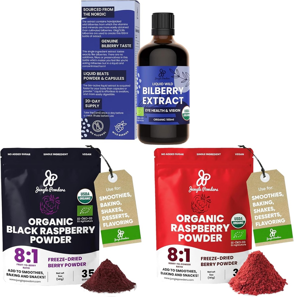 Džungle praški Wild borovnice ekstrakt za oči USDA Organic 3.4oz Steklenica, Črna rdeča malina praški paket 5 Ounce vrečko, zamrzovanje posušene maline za peko napitkov Dehidrirano sadje