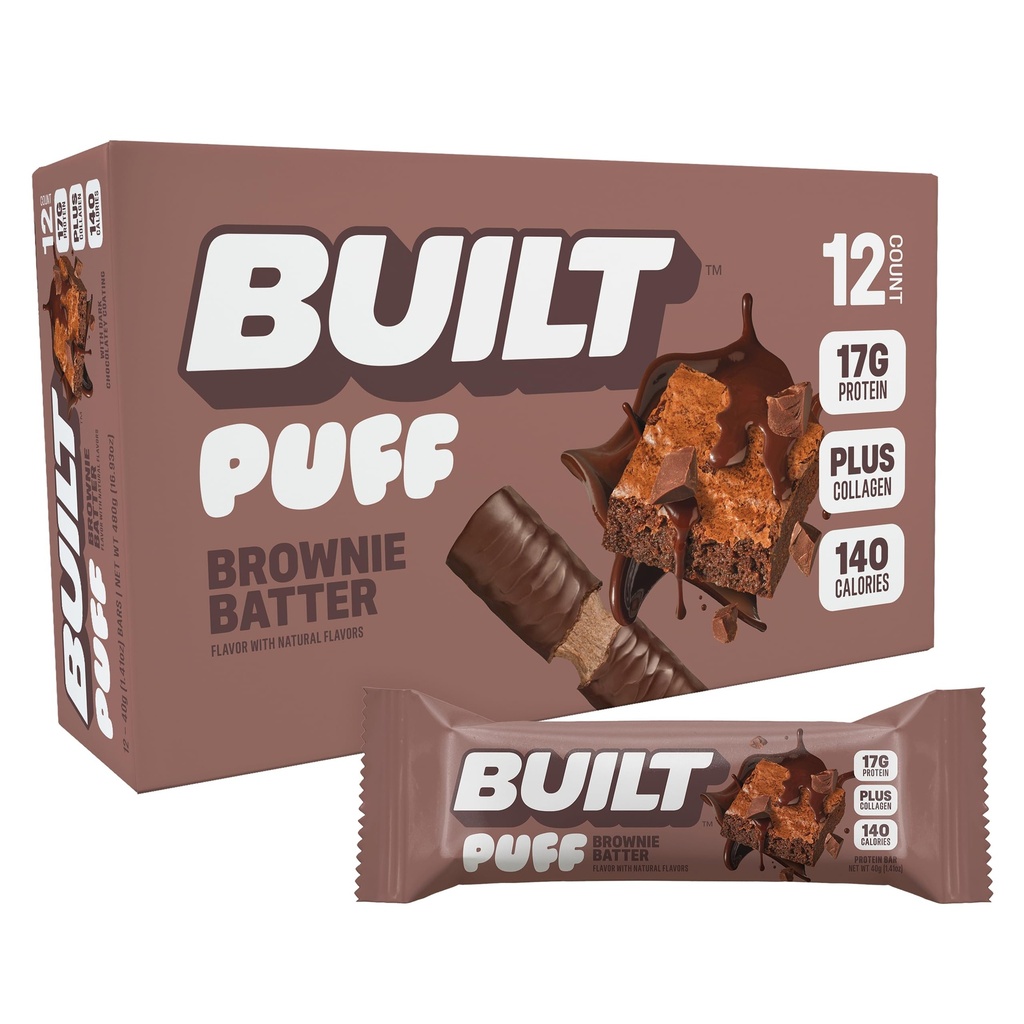 Zgrajena bar, Puff Protein Bars, Brownie Batter Puff, 17g prigrizki beljakovin, On-The-Go Bars, samo 140 kalorij, 6g sladkor, Colagen, Gluten Free, 12 Število