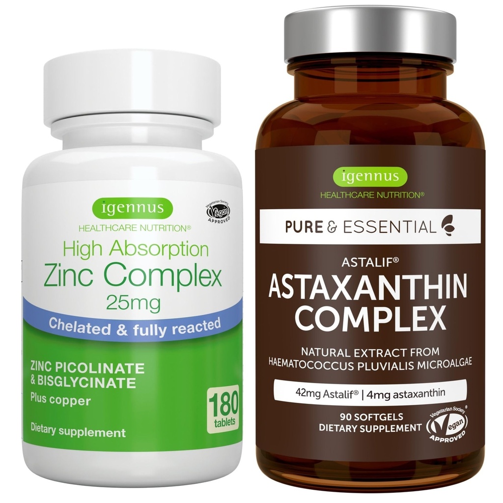Astaksantin Complex + Cinkov kompleks Vegan Bundle, Antioksidant Podpora za kožo, lase in nohte, z Igennus