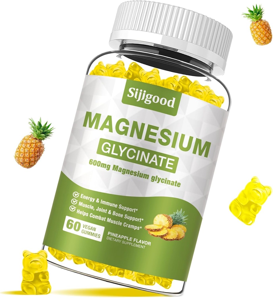 Magnezij Glycinate Gumies 600mg, Relaxation & Zzz Podpora, Magnezij Kalij dodatek za odrasle in otroke brez sladkorja, vitamin C, B6 in CoQ10 Ananas Flavor, 60 Count