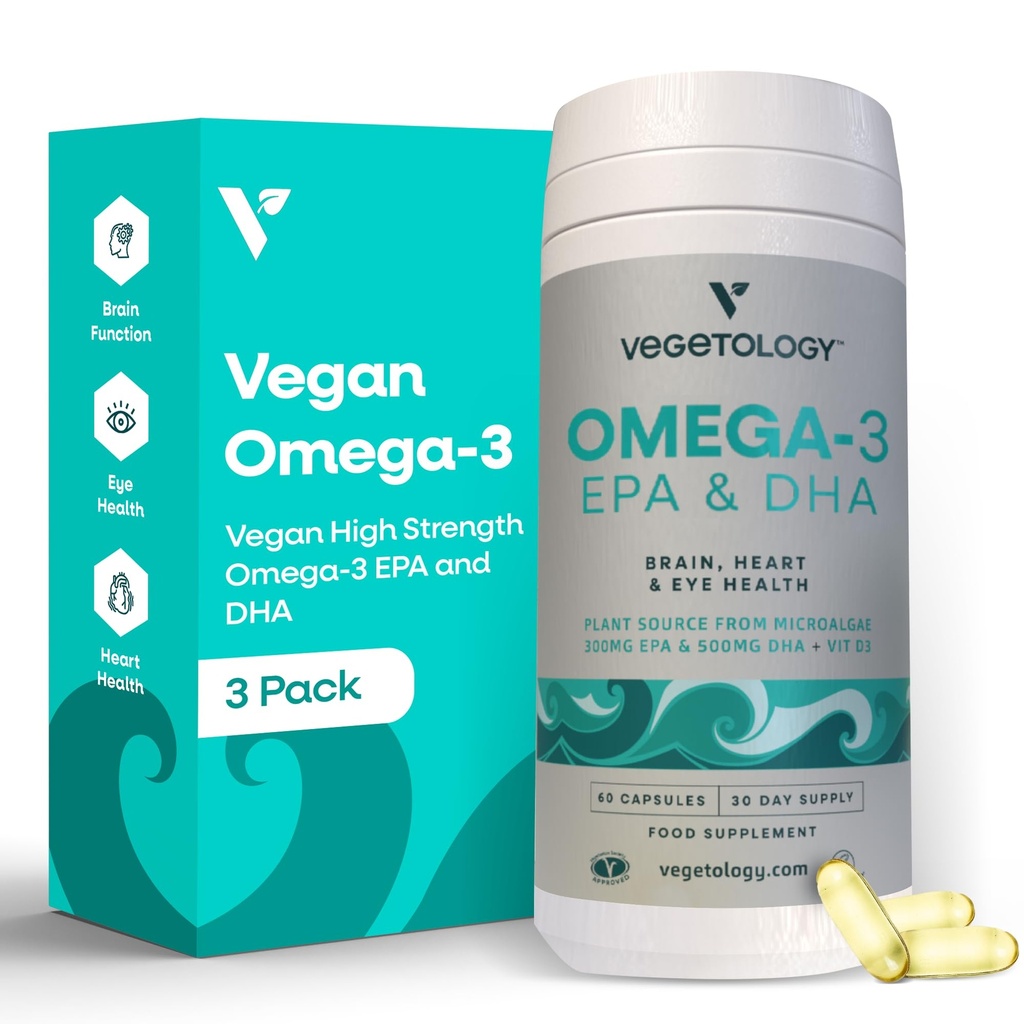 Vegan Omega 3 dodatek – EPA, DHA dopolnila & vitamin D3 – Algae Omega 3 Veganski dodatki za zdravje možganov, oči in srca – za otroke in odrasle (180 kapsul)