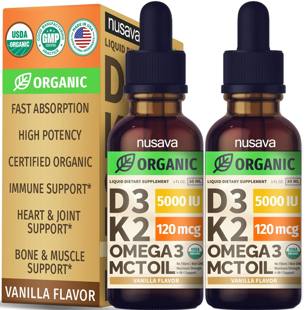 (2 pakiranji) Organski vitamin D3 K2 Kapljice z MCT Olje Omega 3, 5000 i.e. - Največja jakost Vitamin D Tekoča, brez polnil, Ne-GMO Tekoča D3 za hitrejšo absorpcijo in imunske podpore (Vanilla, 1 Fl OZ x 2)
