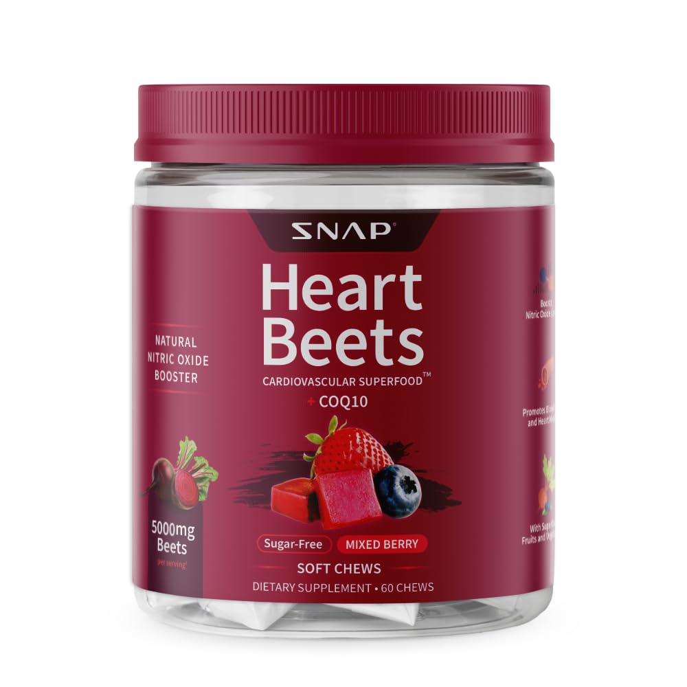 Snap dopolnila Heart Bees Organic Beet Root Soft Chews, Kardiovaskularna podpora Dopolnilo za moške in ženske, CoQ10 & Red Spinach, Heart Health & Circulation Podpora, Sugar Free, Mešane Berry, 60 Chews