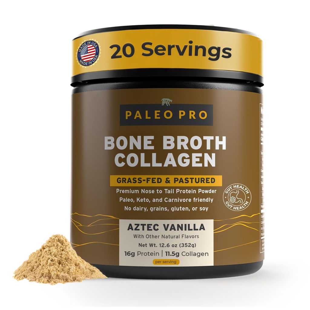 PaleoPro Cone Broth Kolagen Protein Powder - Kurkuma korenska trava-Fed Kolagen Prašek za kožo in kosti - Gluten brez sladkorja, brez sladkorja, soje, zrnca, neto ogljikovih hidratov - Paleo Keto prijazno 20 Služi Azteka Vanilla
