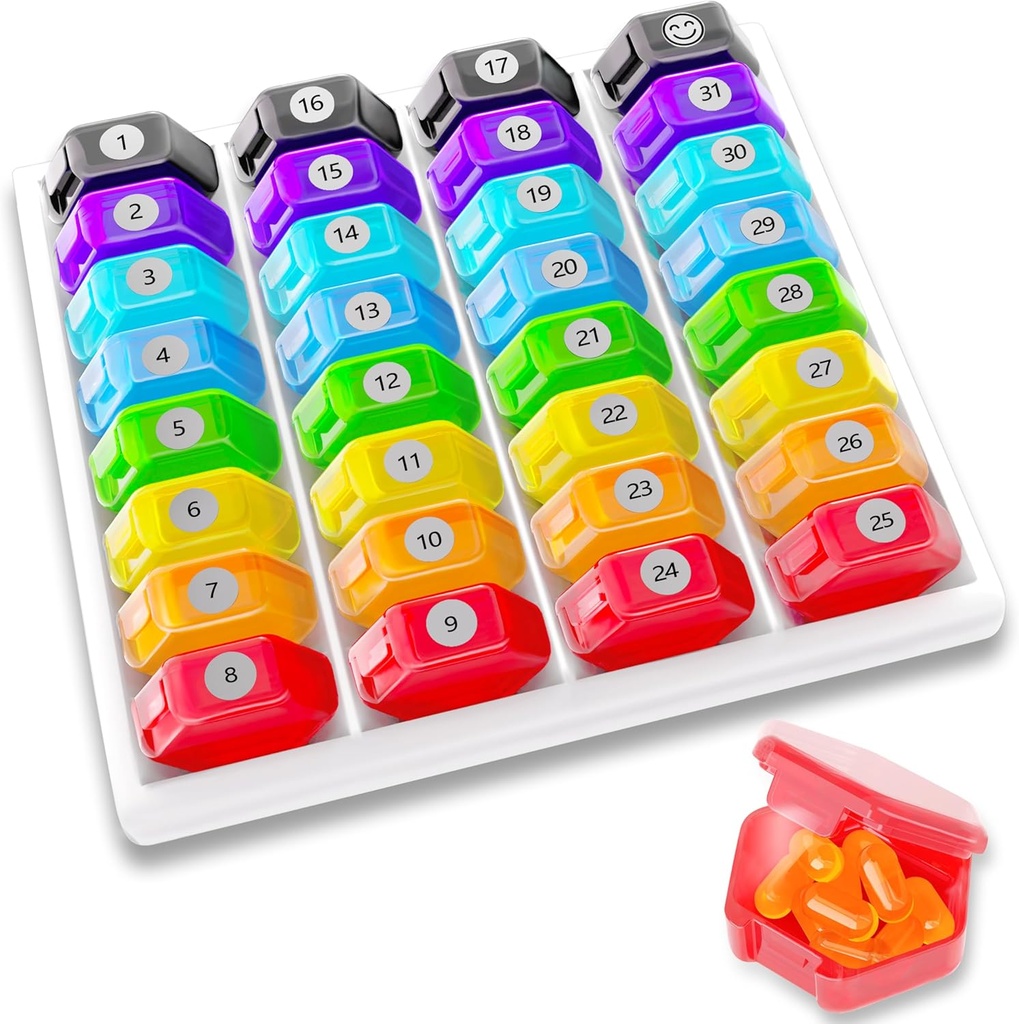 Mesečne tablete Organizator 1-čas na dan: 30 dan tablete Organizator z nalepkami, Prenosne mesečne tablete Box, Mesec tablete Imetnik vitamina, Medicina, ribje olje, Dodatki