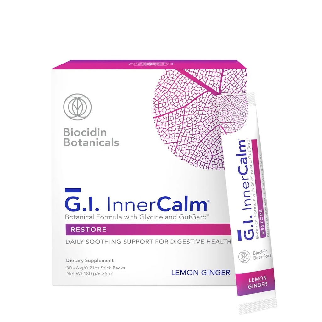 Biobotanična raziskava Biocidni miks - GI InnerCalm - Podpora Prebavno zdravje, GI Detox, zdravo razpoloženje in občutek sprostitve - Pomirjujoča formula z glicin & brez glutamina (30 Stick Packs)