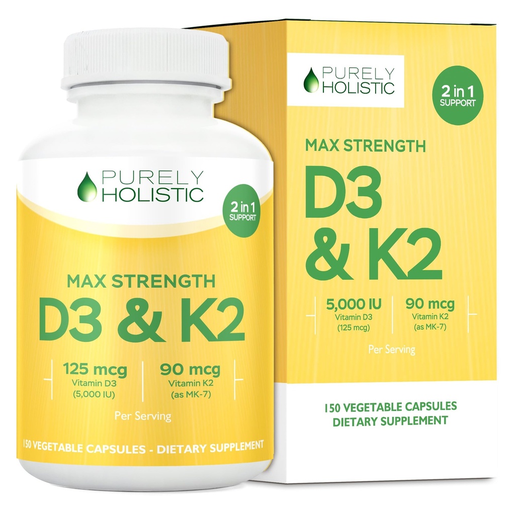 Čisto holistični vitamin D3 125mcg in vitamin K2 90mcg MK7-4 Mesec dobava 150 Vegetarian kapsule - Vitamin D3 & K2 Menaqunion - Visoka moč Cholekalciferol Izdelano v ZDA