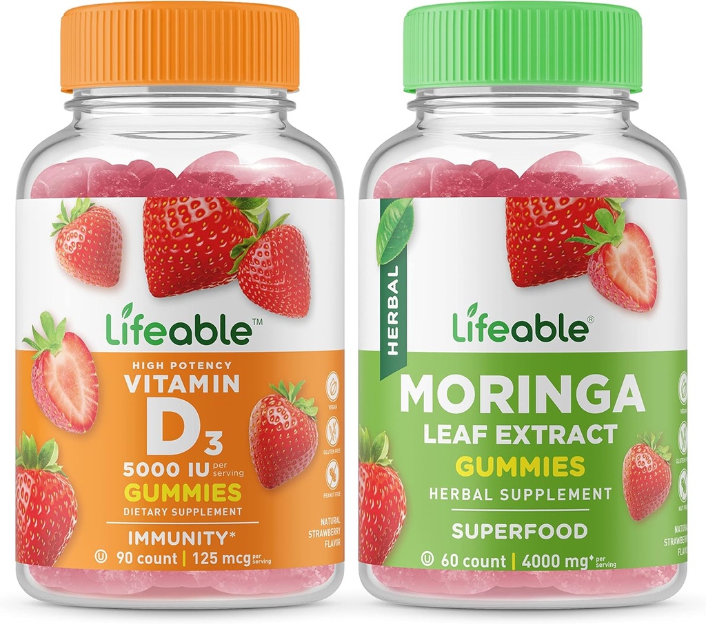 Življenjski vitamin D 5000 i.e. + list Moringa, gumijasti kosmiči - odličen okus, dodatek vitamina, brez glutena, brez GSO, žvečljivi gumi