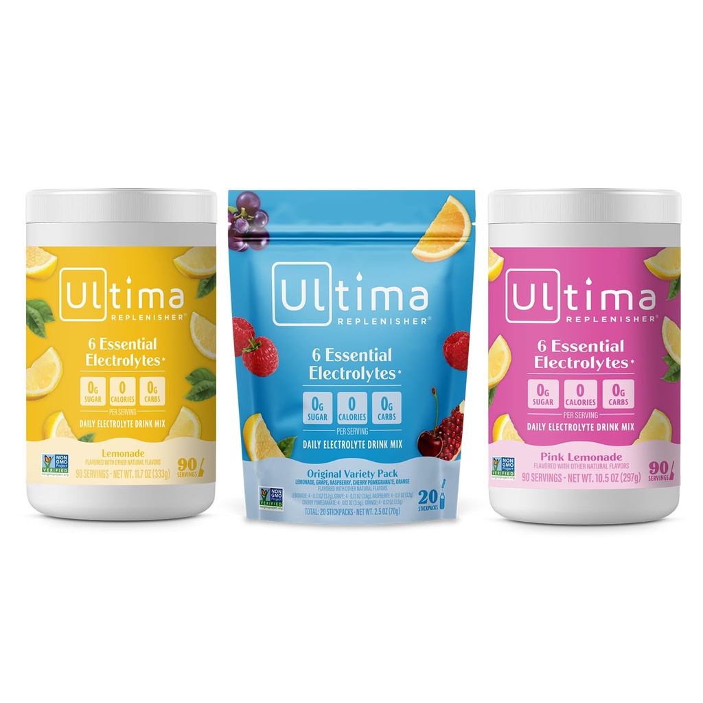 Ultima Replenisher Electrolyte Powder Drink Mix Bundle – Sugar Free – Limonada, Roza limonada, Variety-90 Servings, 20 Lepila– 6 Elektroliti in minerali – Keto prijazno, Vegan, Non-GMO