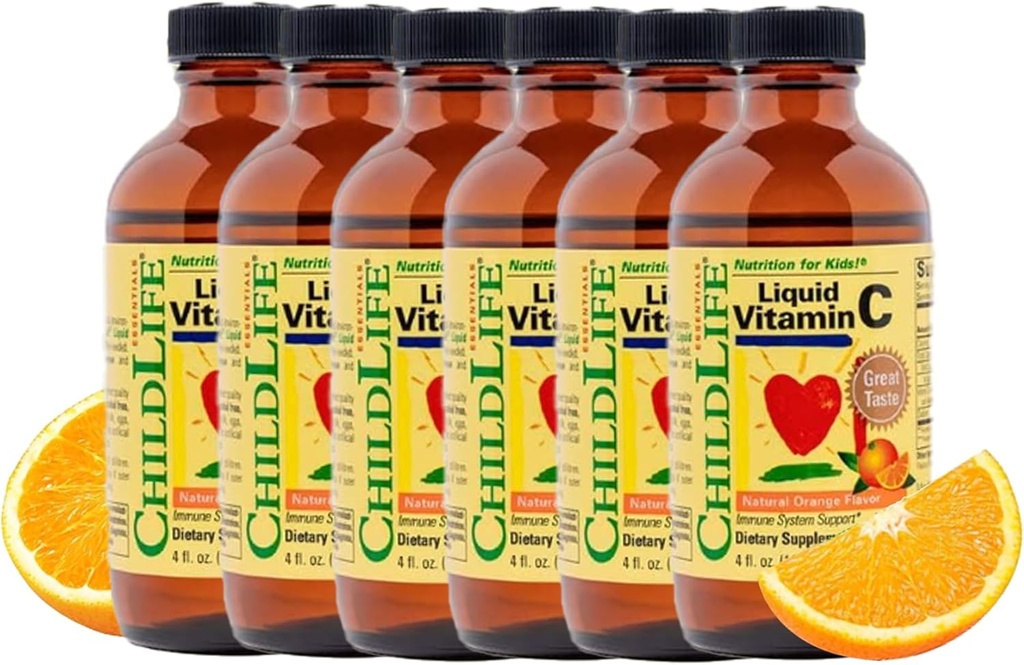 CHILDLIFE ESSENTIALS Tekoči vitamin C - Čisti vitamin C Tekoči dodatek za otroke, Podpora imunskega sistema, odličen okus - Natural Orange Flavor, 4 Fl Oz (Pack of 6)