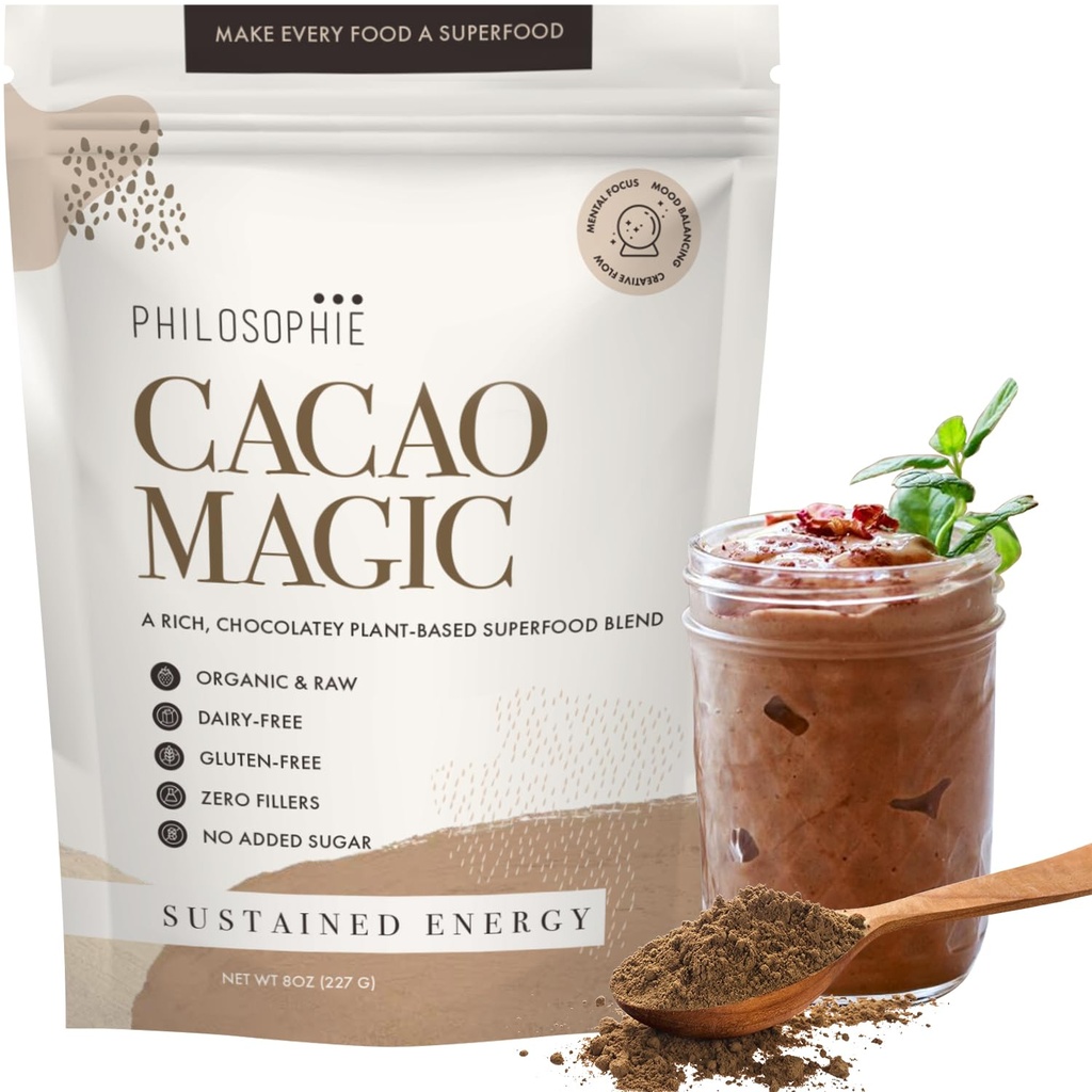 Philosophie Organic Cacao Magic Superfood Mešanica – Rastlinsko-bazen beljakovin v prahu z Raw Cacao, Reishi goba & Maca koren – Nesladka Veganska čokolada dodatek, 32 Servings