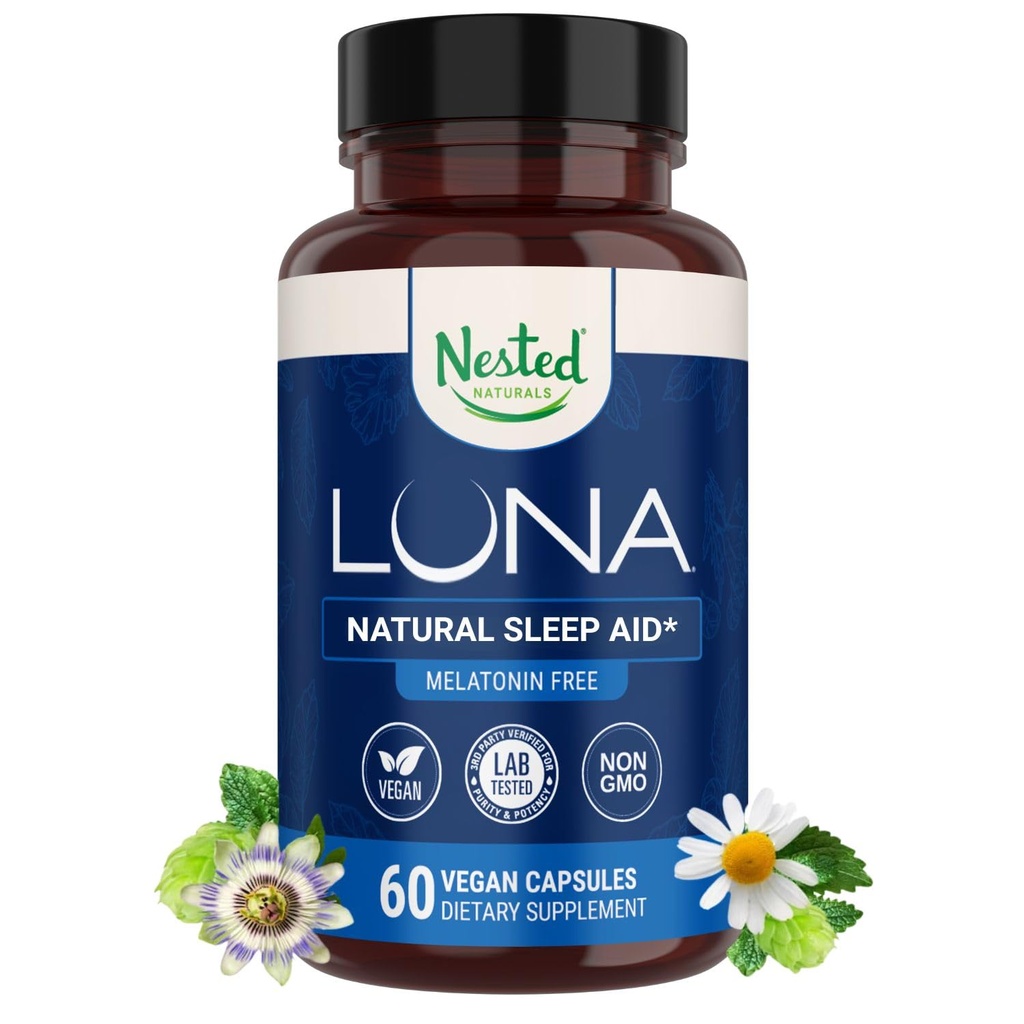 Nested Naturals Luna Melatonin-Free Sleep Supplement - Non-Habit Forming Herbal Sleep Supplement, Adult Bedtime Support, Help Sleeping w/Chamomile, Valerian, L-Theanine - 60 Vegan Capsules