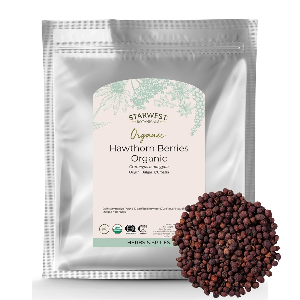 Starwest Botanicals Organic Hawthorn jagode polno - posušeno Loose Leaf Herb za čaj, Jam, & Zeliščni ekstrakti, Natural Digestion Podpora, Certified Kosher, Non-GMO - Bulk 1 lb Bag