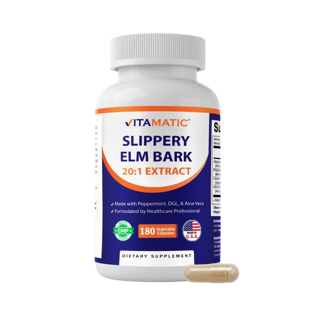 Vitamatski spolzki Elm Bark 10000 mg ekvivalenten na serviranje (od 20:1 ekstrakt 500 mg), izdelan s peppermint, DGL, & Aloe Vera - 180 Veg kapsule, in koncentriran 20X jakost
