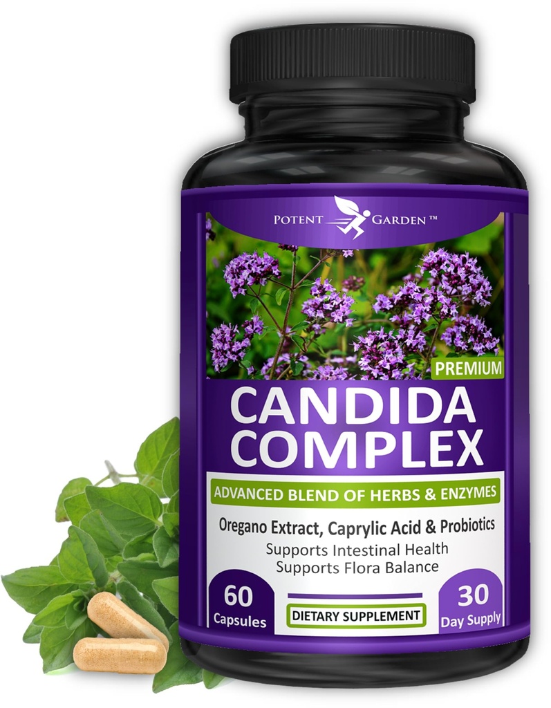 Potentni vrt Candida Complex - Origano in kaprilna kislina mešanica, Gut Flora Balance Complex, Črevesno zdravje & Imunska podpora z zelišči & probiotiki, Gut Health dopolnila za ženske & moški 60 Count
